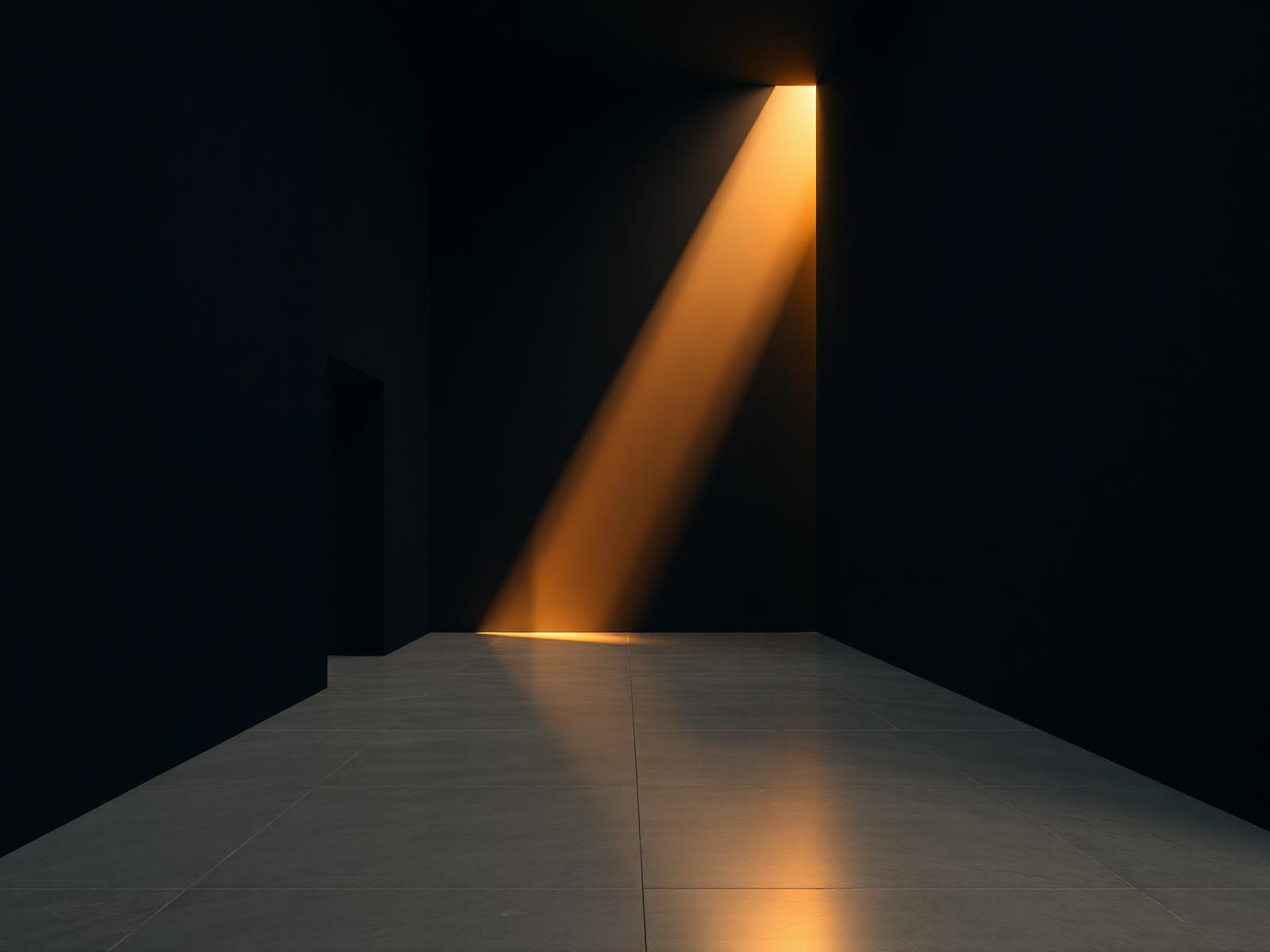 A shaft of warm light cutting through a matte black architectural interior
