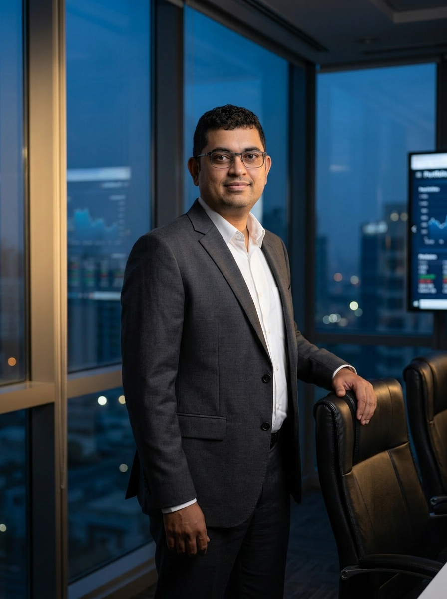 Eby Mathew in a charcoal suit standing in a glass-walled executive boardroom at dusk