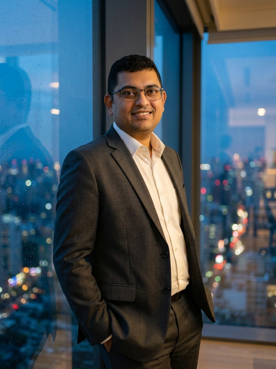 Eby Mathew leaning against a floor-to-ceiling office window at dusk with the city lights behind him
