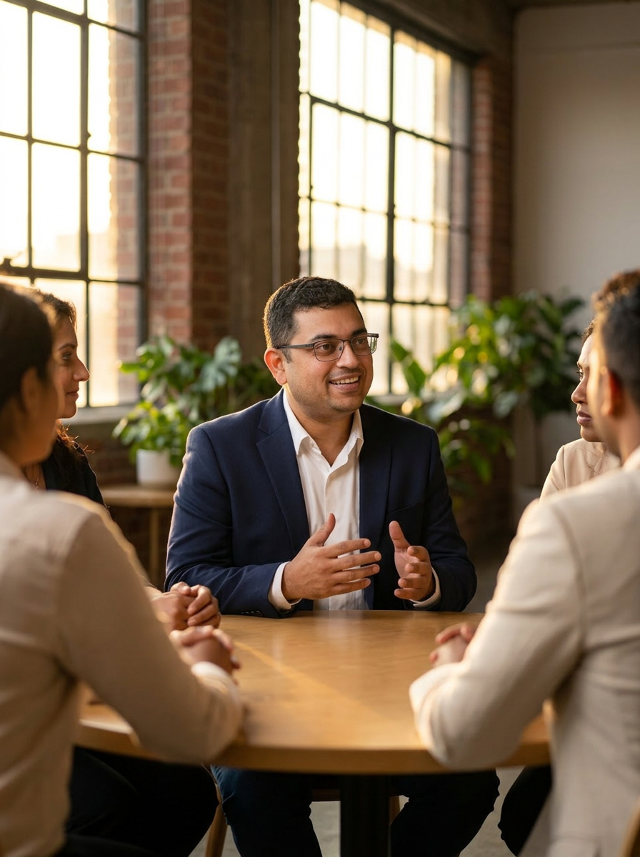 Eby Mathew mid-conversation with founders around a roundtable in a sunlit civic space