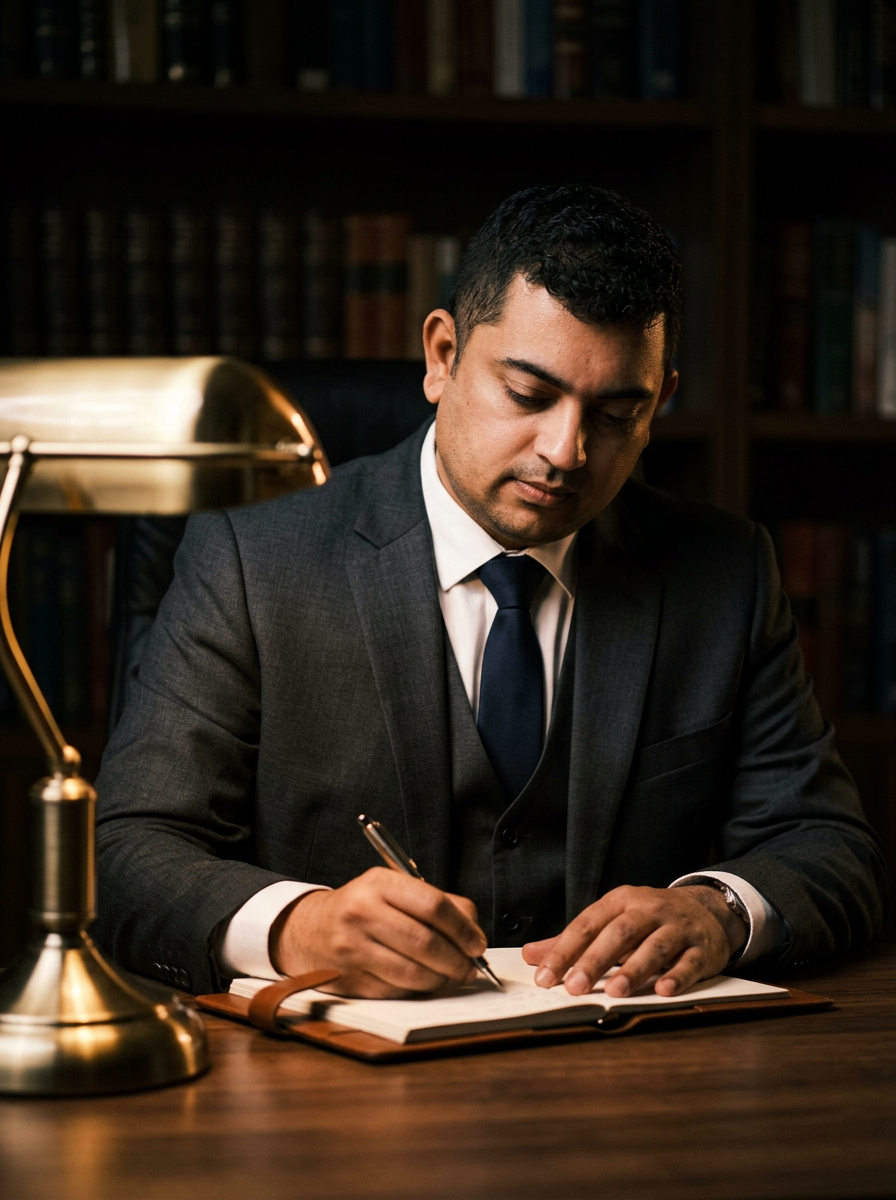 Eby Mathew writing in a leather notebook at a dark walnut desk under a warm brass lamp