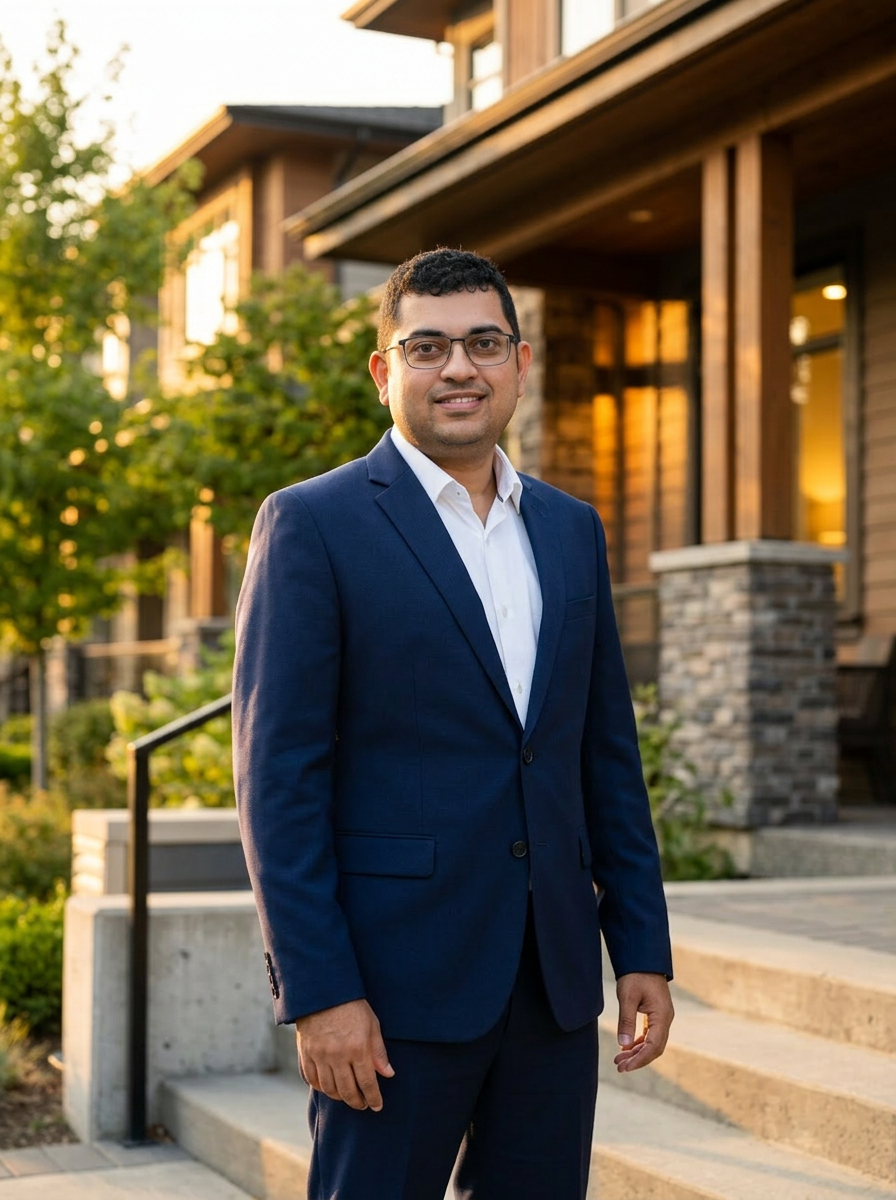 Eby Mathew in a navy suit on the steps of a modern supported-housing community at golden hour