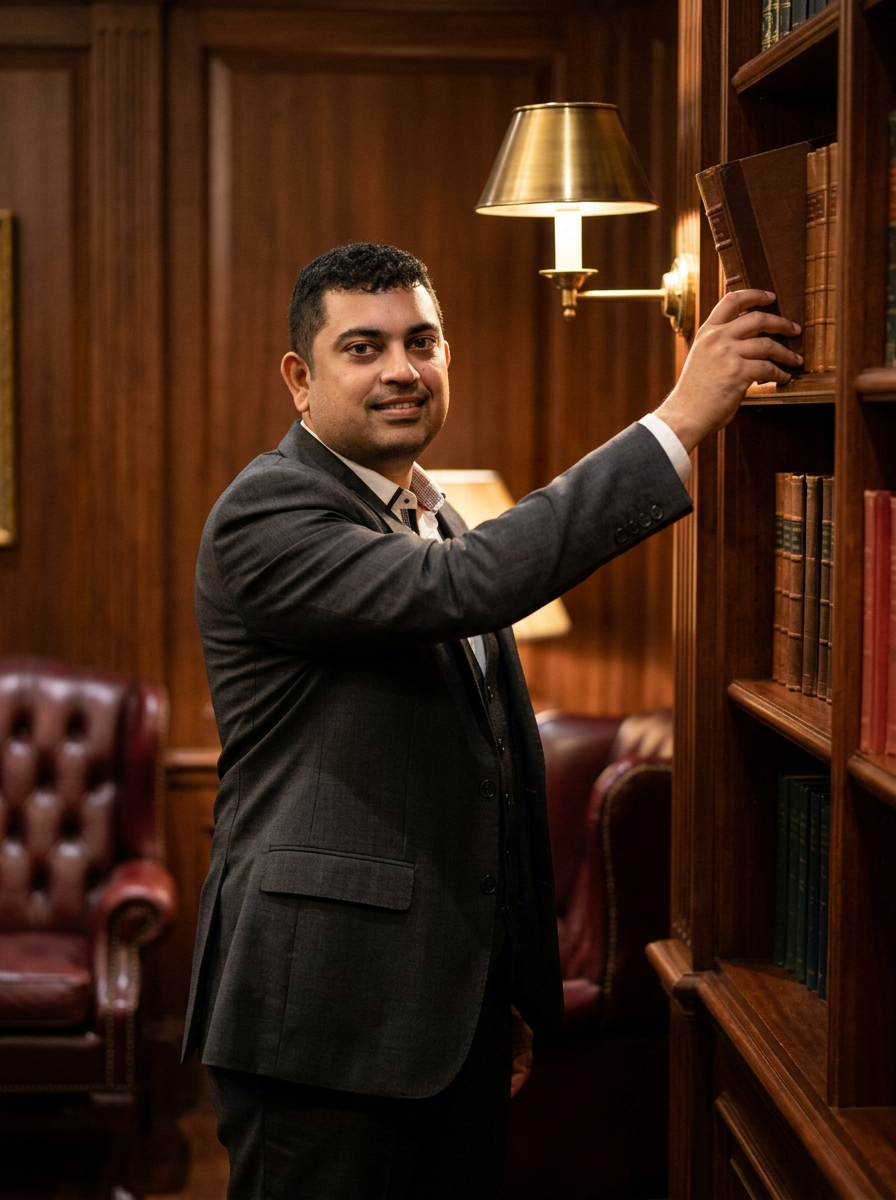 Eby Mathew in a charcoal three-piece suit in a wood-panelled private library reaching for a leather-bound book