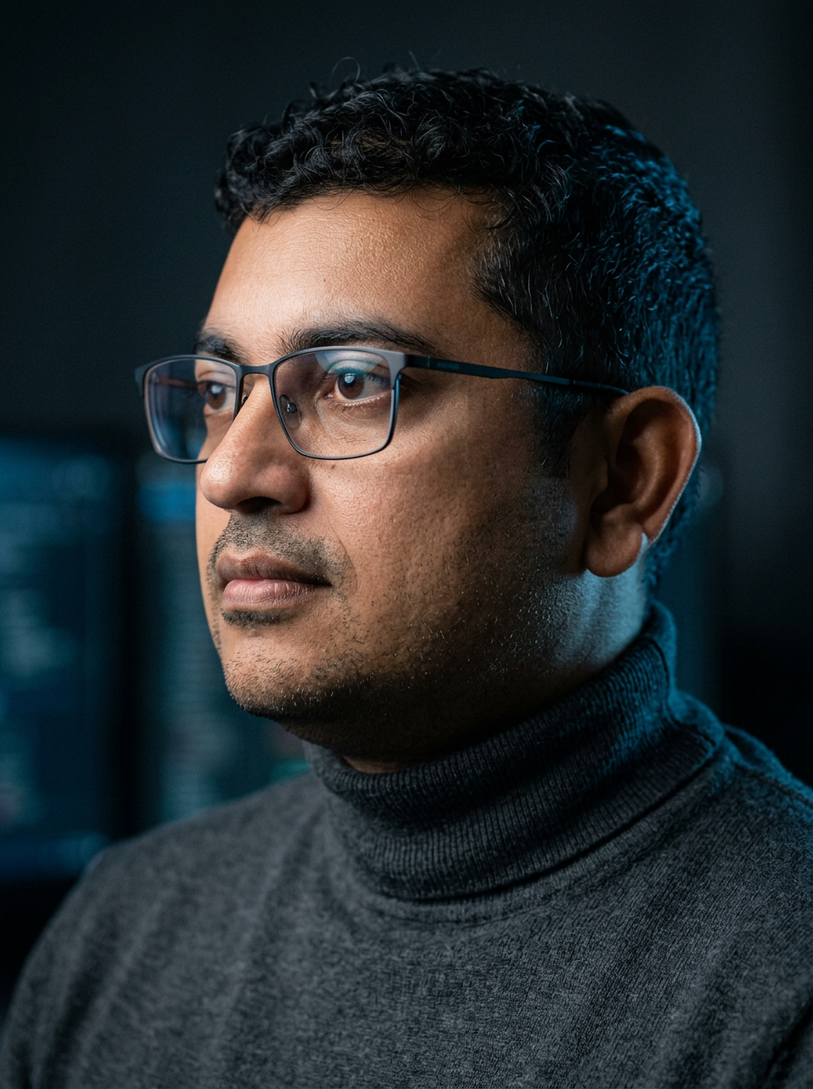 Side-profile editorial portrait of Eby Mathew in a charcoal turtleneck and dark rectangular spectacles
