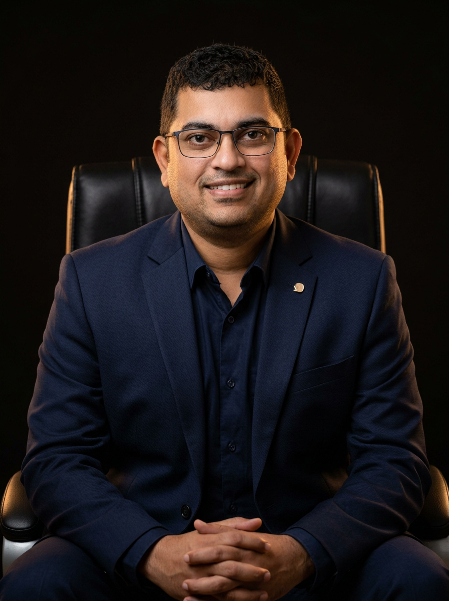 Portrait of Eby Mathew seated in a tailored navy suit and dark rectangular spectacles, hands clasped