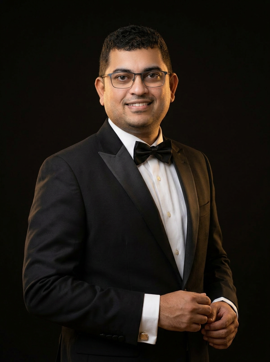 Eby Mathew in a formal black tuxedo with peak lapels and dark rectangular spectacles
