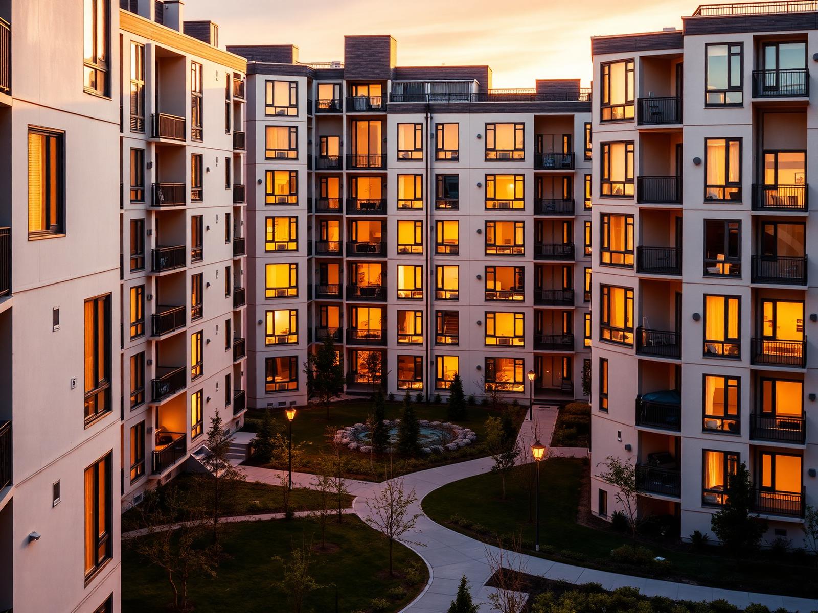 Contemporary residential complex at golden hour