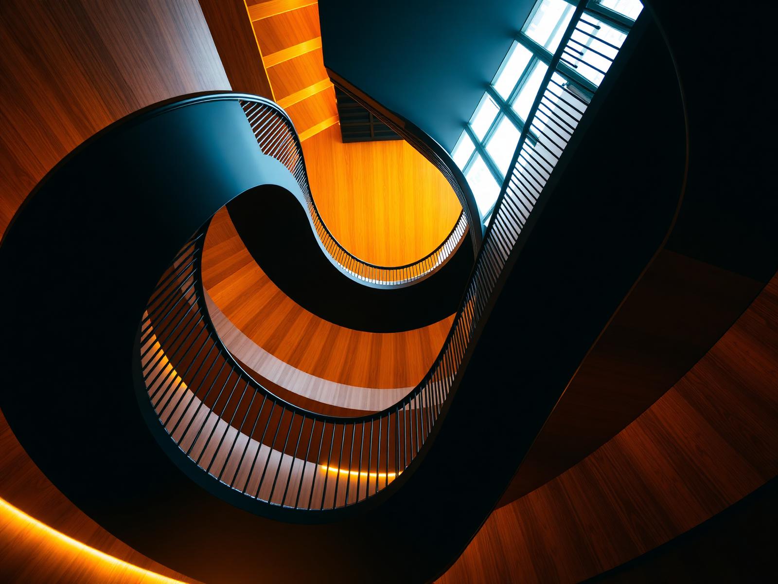 Spiral architecture, dark with warm light